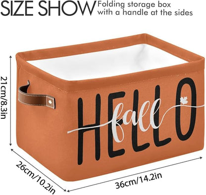 Hello Fall Orange Storage Basket Fabric Kitchen Baskets Autumn Pumpkin Open Home Storage Bins Boxes Foldable Organizer Bag for Baby Cloth Pet Toy Book Shelf Closet Baskets 16×12×8 Inches