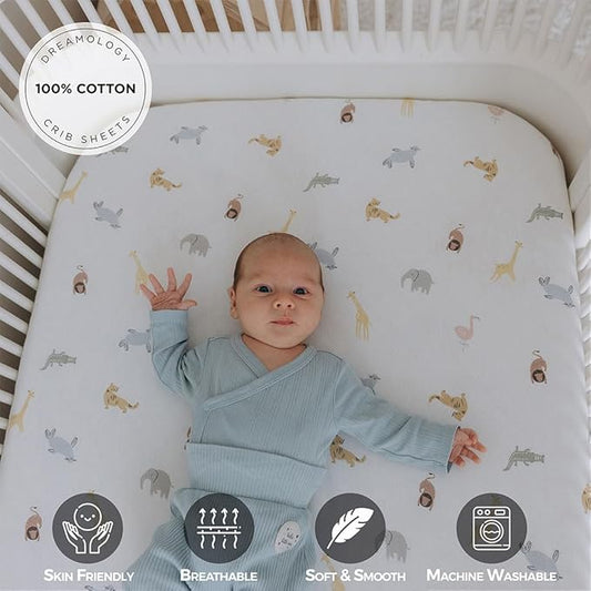 Baby Crib Fitted Sheet, 100% Cotton Knitted Jersey, Fit Standard Crib Mattresses, Fitted Crib Sheets, Super Soft, Toddler Fitted Sheet, Unisex, 2 Pack, Sky Blue,Animal, 28"x52"x9"'
