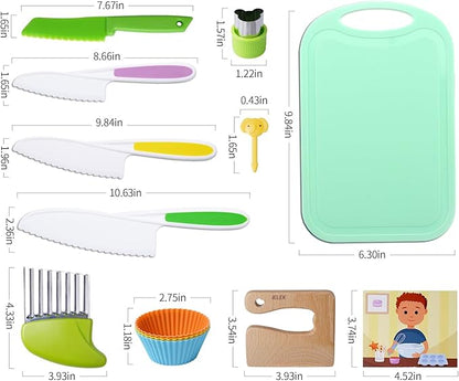 Kids Knives Set for Real Cooking - Toddler Knife Set with Cutting Board, Kids Safe Knife, Peeler, Plastic Potato Slicers, Fruit Cutters and Fork Picks for Kitchen