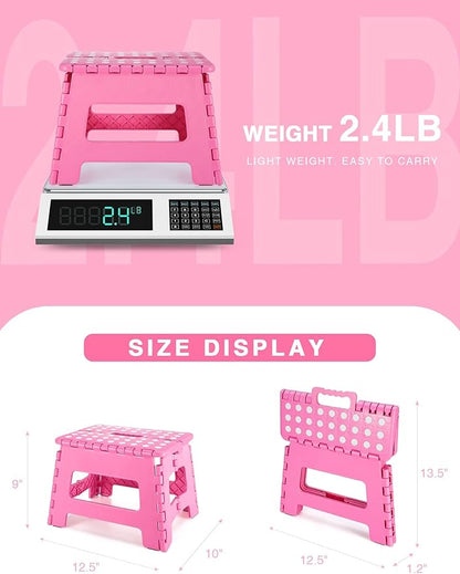 Folding Step Stool 9", Kids Step Stool, Heavy Duty Step Stools for Adults, Compact Foot Stools, Light-Weight Toddler Step Stool for Kitchen, Bathroom, Holds Up to 300 lbs (Pink)