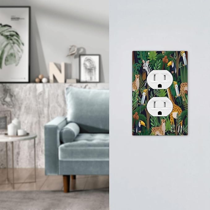 Cartoon Animal Zebra Leopard Giraffe Bird Leaf Single Duplex Wall Plate Covers Nursery Light Switch Cover 1 Gang Outlet Plate Decorative Electrical Receptacle Art Faceplate Switchplate for Kidroom