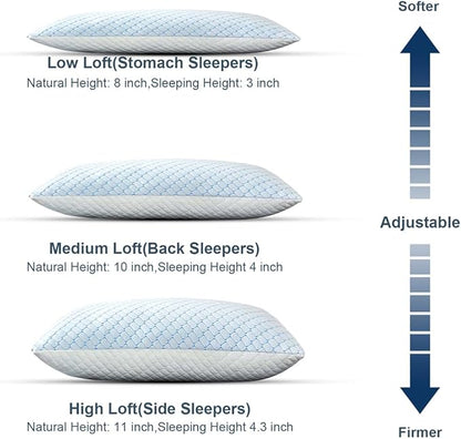 Uniqwamer Cooling Bed Pillows for Sleeping 2 Pack Shredded Memory Foam Adjustable Pillows Queen Size Set of 2 for Side Back Sleepers - Luxury Extra Comfy Gel Pillows with Washable Removable Cover