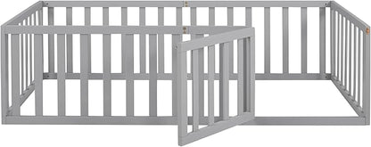 Twin Size Floor Bedframe with Door and Safety Guardrails Fence, Solid Wooden Toddler Montessori Platform Bed for Children Bedroom, Boys Girls, Kids Playroom