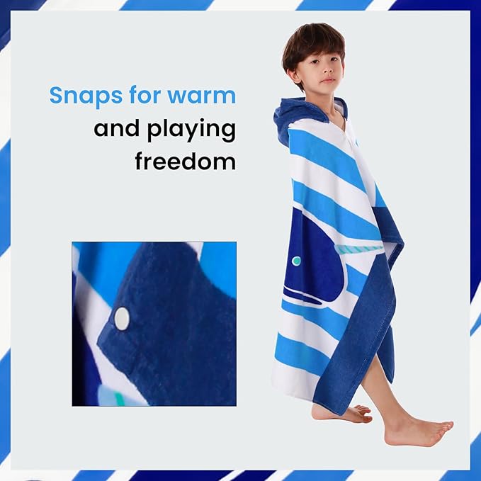 BANGSAUR Kids Hooded Beach Bath Towels, 100% Cotton 50"x30" Wrap Blanket, Toddlers Boys 3-12 Years Coverup Towel Blue Whale