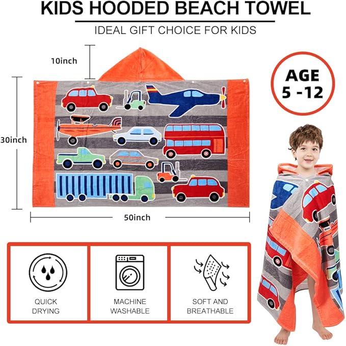 Kids Hooded Bath Beach Towel Girls Boys, Super Absorbent & Soft Towel Poncho for Shower/Beach/Pool Child Cover ups 50"x30" Large Towel Wrap (Car Pattern)