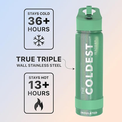 Coldest Sports Water Bottle with Straw Lid Vacuum Insulated Stainless Steel Metal Thermos Bottles Reusable Leak Proof Flask for Sports Gym (24 oz, Green Aurora Glitter)