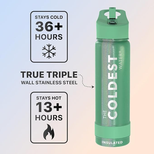 Coldest Sports Water Bottle with Straw Lid Vacuum Insulated Stainless Steel Metal Thermos Bottles Reusable Leak Proof Flask for Sports Gym (24 oz, Green Aurora Glitter)