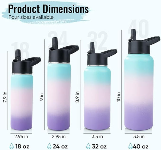 Stainless Steel Water bottle with Straw & Wide Mouth Lid, Wide Rotating Handle, 32oz Double Wall Vacuum Insulated Water Bottle Leak Proof, BPA Free, Keep Cold and Hot, 32oz, Purple Gradient