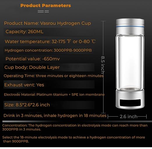 Hydrogen Water Bottle, 9000+ PPB Hydrogen Water, Food Grade Rechargeable Machine,Suitable for All Water, Alkaline Water,Exhaust Hole, 3 Minutes and 18 Minutes Dual Mode (Single Silver)