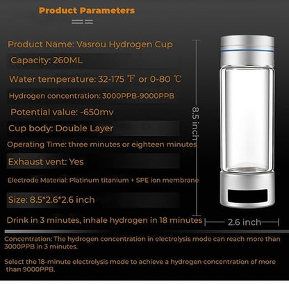 Hydrogen Water Bottle, 9000+ PPB Hydrogen Water, Food Grade Rechargeable Machine,Suitable for All Water, Alkaline Water,Exhaust Hole, 3 Minutes and 18 Minutes Dual Mode (Single Silver)