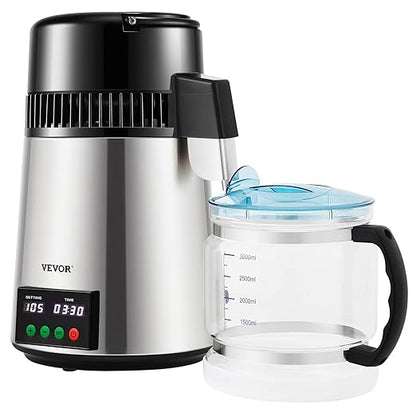 VEVOR 1.1 Gal Water Distiller, 0.3 Gal/H, Distilled Water Maker Machine, 750W, 304 Stainless Steel Countertop Distiller, Glass Carafe, Cleaning Powder, Carbon Packs, Silver