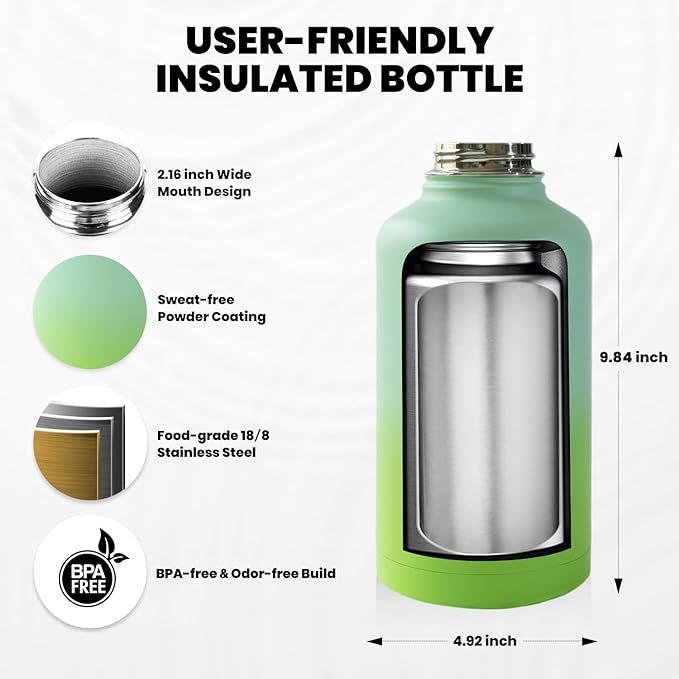 Insulated Water Bottle 64 oz, Triple Wall Vacuum Stainless Steel (Cold for 48 Hrs), Leak Proof & Non-BPA, Half Gallon Water Flask Jug with Paracord Handle & Straw Spout Lids
