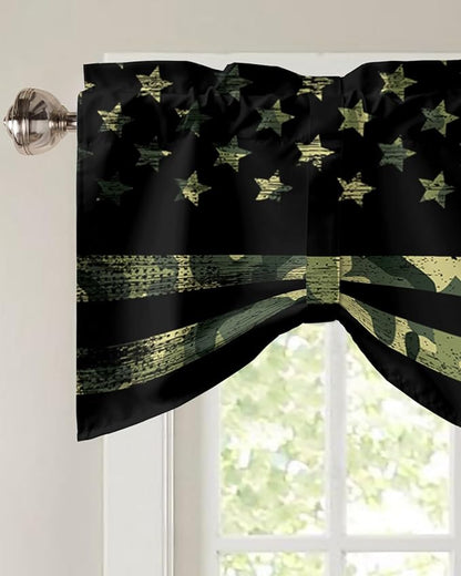 Rustic Green Camo Military Pattern American Flag Blackout Tie Up Valance Curtains for Kitchen Windows Camouflage Window Toppers Balloon Shades for Living Room/Bathroom/Bedroom,1 Panel,54" X 18"