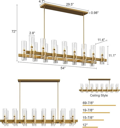 Brass Kitchen Island Lighting- 16-Light Linear Chandelier, Adjustable 54'' Modern Farmhouse Rectangle Pendant Light Fixtures, Dining Room, Bedroom