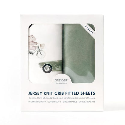 GRSSDER Stretchy Ultra Soft Jersey Knit Fitted Crib Sheets Set 2 Pack, Universal Fitted All Standard Crib Mattress Pads Safe and Snug, Crib Fitted Sheet for Baby, Neutral Pattern of Cartoon Cars Print
