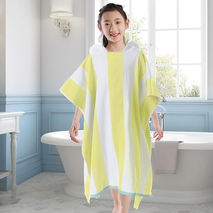 VOOVA & MOVAS Big Kids Hooded Towel Poncho | Large, Soft, Absorbent Cotton Towel Robe | 8-16Years | Versatile for Pool, Swim,Beach and Bathroom | Yellow Cabana Stripe