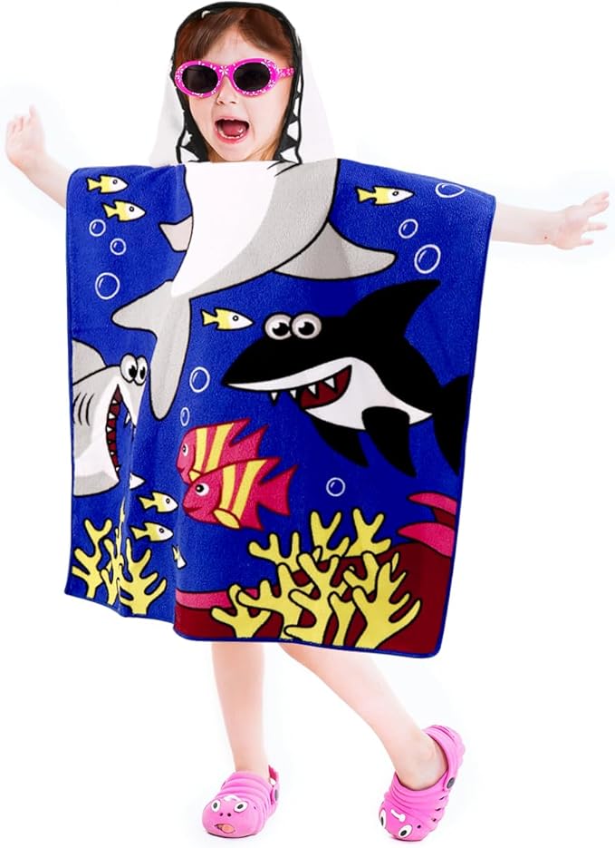 Kids Shark Hooded Beach Towel Boys Cute Poncho Pool Beach Towels with Hood 24*47 in Soft Microfiber Swim Cover-ups for Kids Ages 3-10 Thick Absorbent Cotton Hooded Bath Towel Wrap Bathrobe