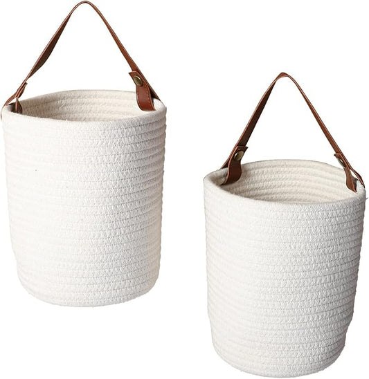 Hanging Basket(2Piece) Wall Woven Cotton Rope Storage Basket with Leather Decorative Baskets Organizer for Kitchen Office Bedroom,Plants,Towels, Toys