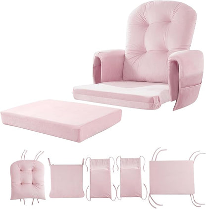 5 PCS Velvet Glider Rocker Replacement Cushions with Side Storage Pocket, Thickened & Supportive Cushions Set for Indoor Nursery Rocking Chair, Pink