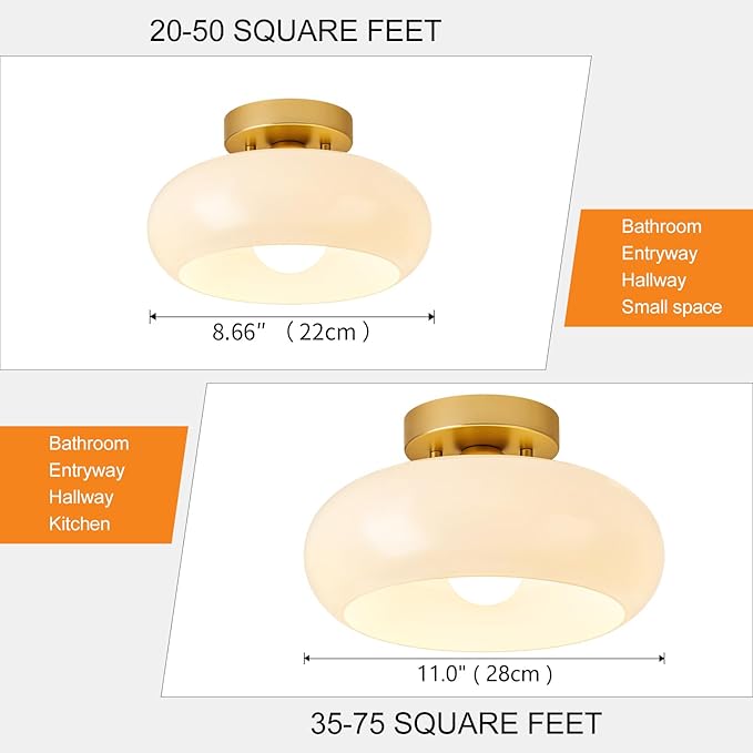 Mid-Century Modern Gold Semi Flush Mount Ceiling Light, Kitchen Ceiling Light Fixture with Glass Shade, Vintage White Close to Ceiling Lamp for Entryway Hallway Bathroom (11.0 Inch)