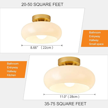 Mid-Century Modern Gold Semi Flush Mount Ceiling Light, Kitchen Ceiling Light Fixture with Glass Shade, Vintage White Close to Ceiling Lamp for Entryway Hallway Bathroom (11.0 Inch)