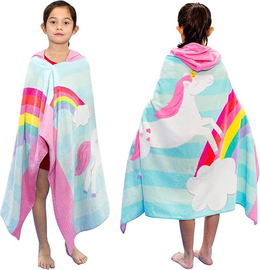 BANGSAUR Kids Hooded Beach Towels, 100% Cotton 50x30 inches Bath Pool Swiming Towel Wrap, Toddlers Girls 3-12 Years Coverup Rainbow Unicorn