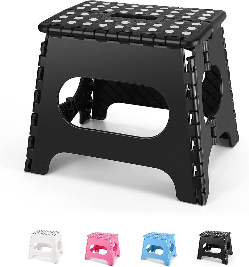 Folding Step Stool 11", Durable Kids Step Stool, Heavy Duty Step Stools for Adults, Compact Foot Stools, Light-Weight Toddler Step Stool for Kitchen, Bathroom, Holds Up to 300 lbs (Black)