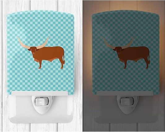 Caroline's Treasures BB7997CNL Ankole-Watusu Cow Blue Check Ceramic Night Light Compact, UL-Certified, Ideal for Bedroom, Bathroom, Nursery, Hallway, Kitchen, 6x4x3, Multicolor