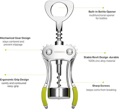 Wine Opener, Zinc Alloy Premium Wing Corkscrew Wine Bottle Opener with Multifunctional Bottles Opener, Sharp Corkscrew with Ergonomic Non-slip Wing Handle, Upgrade Green