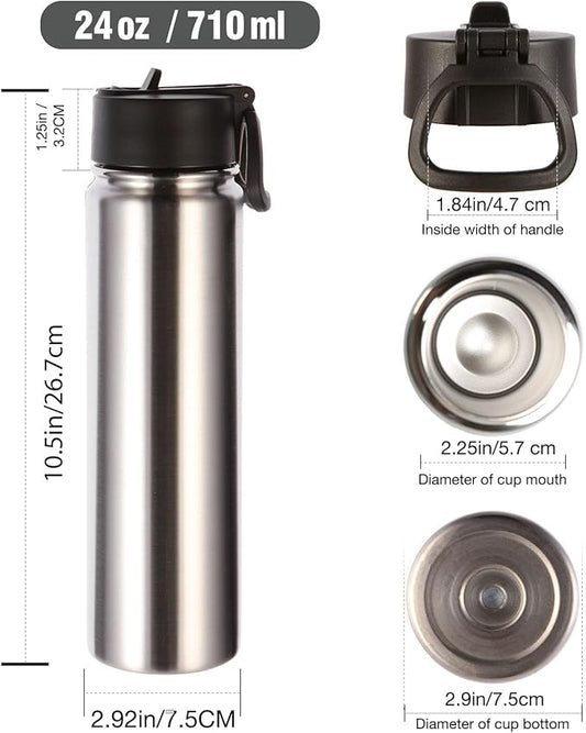 Volhoply 24oz Insulated Water Bottle With Straw Bulk 3 Pack,Metal Wide Mouth Water Bottles With Handle Lid Keep Cold,Reusable Double Wall Thermos,Powder Coated Sport Bottle For Holder(Silver,3 Count)