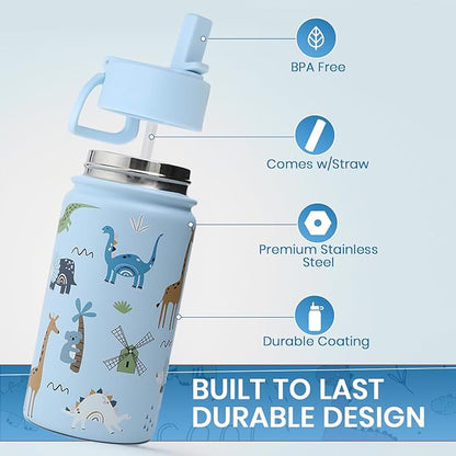 Water Bottle 14 Oz, Triple Walled Insulated Stainless Steel Odor & Strain Resistant Reusable Bottle, 1 straw Lid, Leakproof, Metal Mug Gallon, BPA Free, Blue Zoo