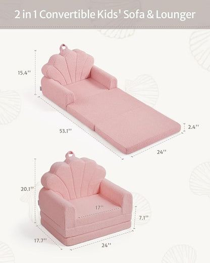 Blissful Diary Kids Couch, 2-in-1 Soft Toddler Couch Fold Out, Toddler Chair Comfy, Convertible Sofa to Lounger with Cute Shell Designs, Pink