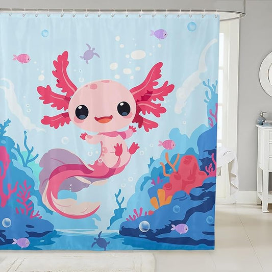 Feelyou Boys Girls Cute Axolotl Bath Curtain Ocean Sealife Shower Curtain Kids Cartoon Salamander Bathroom Shower Curtain Set Kawaii Teens Bathroom Accessories Room Decor 72"x78"
