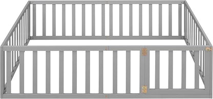 Full Size Floor Bed with Fence, Solid Wood Floor BedFrame for Kids with Door, Twin Platform Bed for Boys and Girls Kids Teens, Fun Design, for Children Bedroom