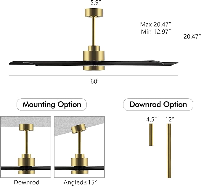 60" Modern Ceiling Fan with Light and Remote Control, 5 Solid Wood Blades 6-Speed Noiseless Reversible DC Motor, Ceiling Fan for Bedroom Dinning Living Room, Gold Finish with Black Blades