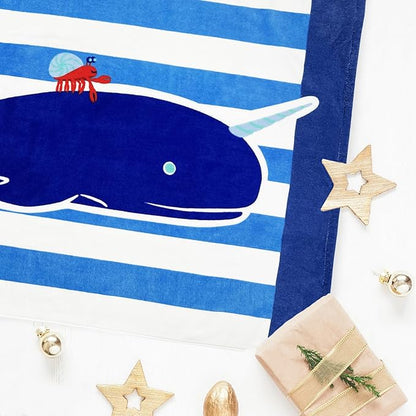 BANGSAUR Kids Hooded Beach Bath Towels, 100% Cotton 50"x30" Wrap Blanket, Toddlers Boys 3-12 Years Coverup Towel Blue Whale