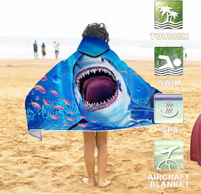 Shark Beach Towel, Shark Towel for Kids with Hood, Ocean Fishes Hooded Towel for Boys 30" x 50", Funny Sea Animals Microfiber Absorbent Soft Bath Towel Poncho Bathrobe for Swin Pool