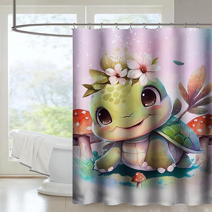 AILONEN Kawaii Sea Turtle Shower Curtain,Tie Die Ocean Animal Themed Bath Curtain Cloth Fabric Bathroom 72" W*96" H Inch,12 Pack Hooks for Kids,Sea Animal with Mushroom Bathroom Curtain