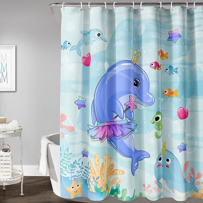 AILONEN Cute Dolphin Shower Curtain for Bathroom, Dolphin Fish Ocean Bath Curtain,Modern Minimalist Blue Waterproof Fabric Shower Curtain Set with Hooks 72" W*78" H
