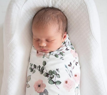 Newborn Baby Girl Swaddle and Headband Sets Receiving Blanket Stretchy Knit Swaddle Set(Green Leaf and Pink Floral)