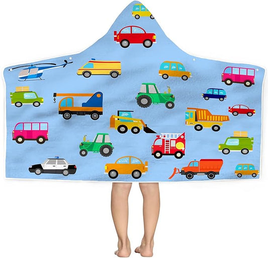 Blue Car Hooded Beach Towel for Kids, Cute Bath Towel with Hood, Boy Microfiber Super Absorbent Soft Poncho Bathrobe for Swin Pool 30”x50”