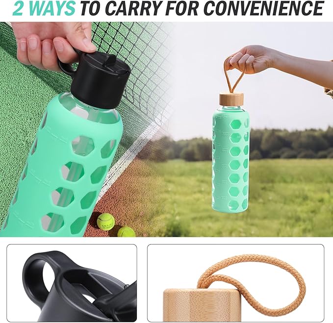 MUKOKO Glass Water Bottles, 24oz Glass Tumbler, Drinking Bottles with 2 Lids-Handle Flip Straw Lid&Bamboo Lid, Motivational Water Bottle with Time Marker and Silicone Sleeve, Leakproof-1 Pack-Green
