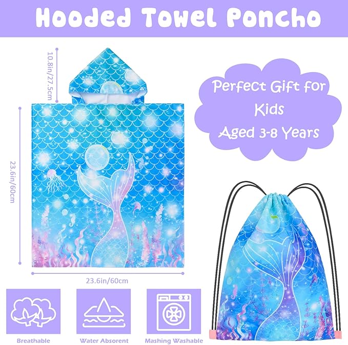 Kids Beach Towels for Girls, Unicorn Hooded Beach Pool Towels for Kids, Ultra Soft & Super Absorbent Kids Toddler Poncho Towels for 3-8 Years, 24"x24" (Blue Mermaid)
