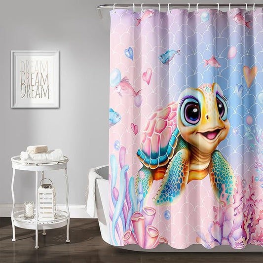 AILONEN Kawaii Sea Turtle Shower Curtain,Tie Die Turtle Bath Curtain Cloth Fabric Bathroom 72" W*72" H Inch,12 Pack Hooks for Kids Child,Watercolor Scale Bathroom Curtain