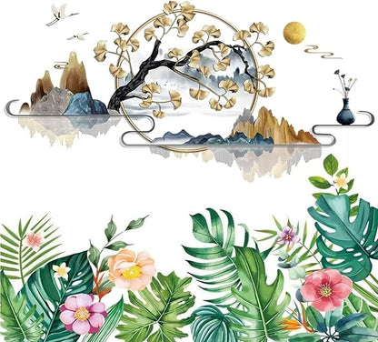 Flowers Wall Decals Vinyl Ancient Style Flowers Wall Stickers Ginkgo Landscape Painting Stickers Spring Flower Tree Branch Window Clings for Kids Room Nursery Living Room Kitchen Decor Gifts (#3)