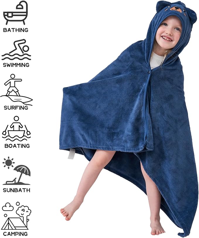 Hiturbo Kids Animal Hooded Towel: Soft Plush Fleece Blanket - 50"x30" Swim Cover Up - Pool Beach Bath Towel Wrap for 3-12 Yrs (Navy Bear)