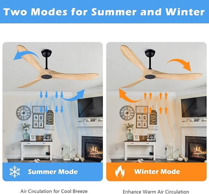 Bigzone 60" Outdoor Ceiling Fan No Light, DC Motor Quiet Energy Saving,3 Balsa Wood Blades, Wood Ceiling Fan With Remote Control,Reversible Blades