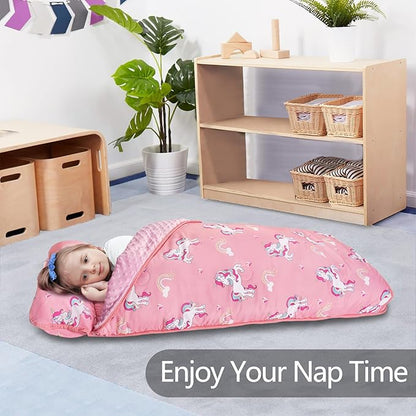 Nap Mat- Toddler Nap Mat with Pillow & Fleece Blanket- 55''*35''*3''Nap Mat for Toddlers- Nap Mats for Preschool, Daycare