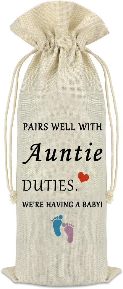 Pregnancy Announcement for Aunt Wine Bag Promoted to Auntie Gift New Auntie Gift Ideas Pregnancy Announcements for Sister Bestie Christmas Birthday Gift Burlap Wine Bottle Cover First Time Auntie Gift