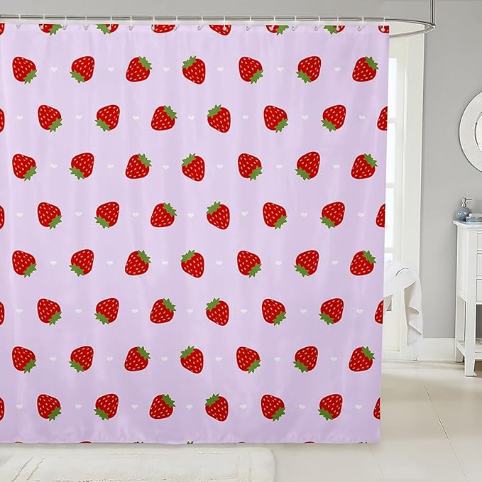 Feelyou Strawberry Fabric Shower Curtain Kawaii Fruit Shower Curtain for Kids Boys Girls Cute Bathroom Waterproof Accessories with 12 Hooks Kawaii Lovely Curtains,72x72 Inches